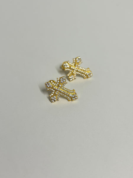 Gold Double Diamond Cross Earrings